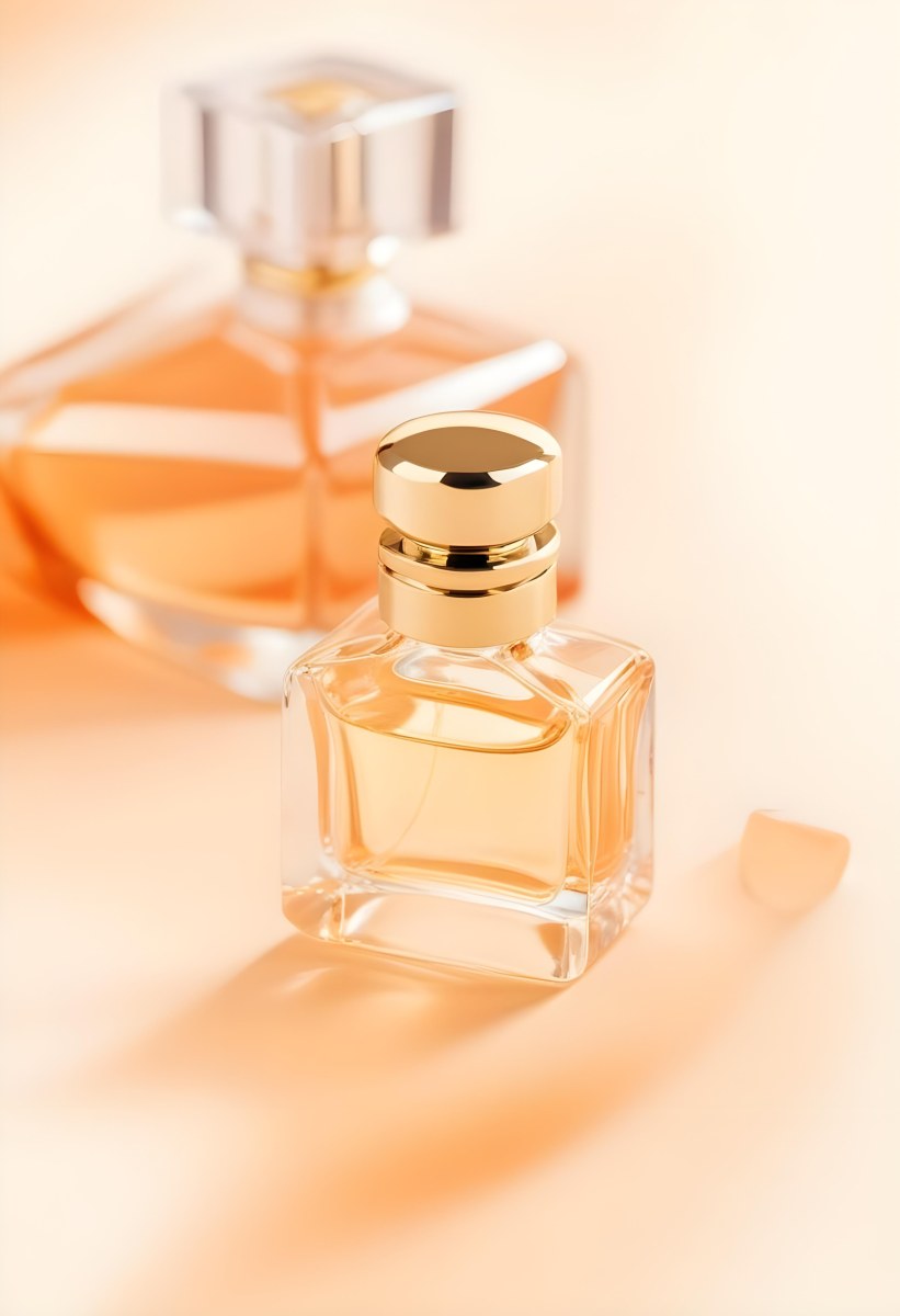 Minimal Soft Studio Light Photography A Perfume Bottle With A Golden Cap In A Soft Orange Color Palette With Another Bottle Blurred In The Background High Detail Solid Bold Color Background 15 C26e