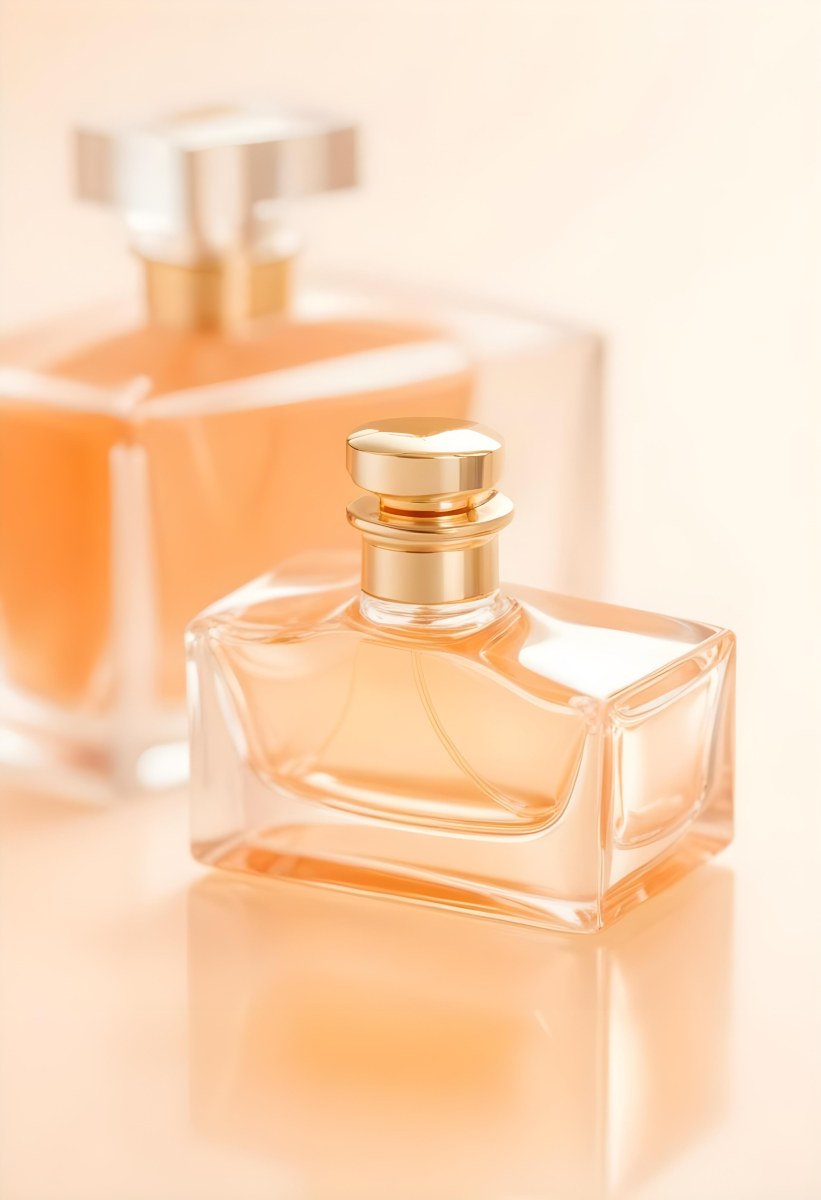Minimal Soft Studio Light Photography A Perfume Bottle With A Golden Cap In A Soft Orange Color Palette With Another Bottle Blurred In The Background High Detail Solid Bold Color Background 20 Fdbe