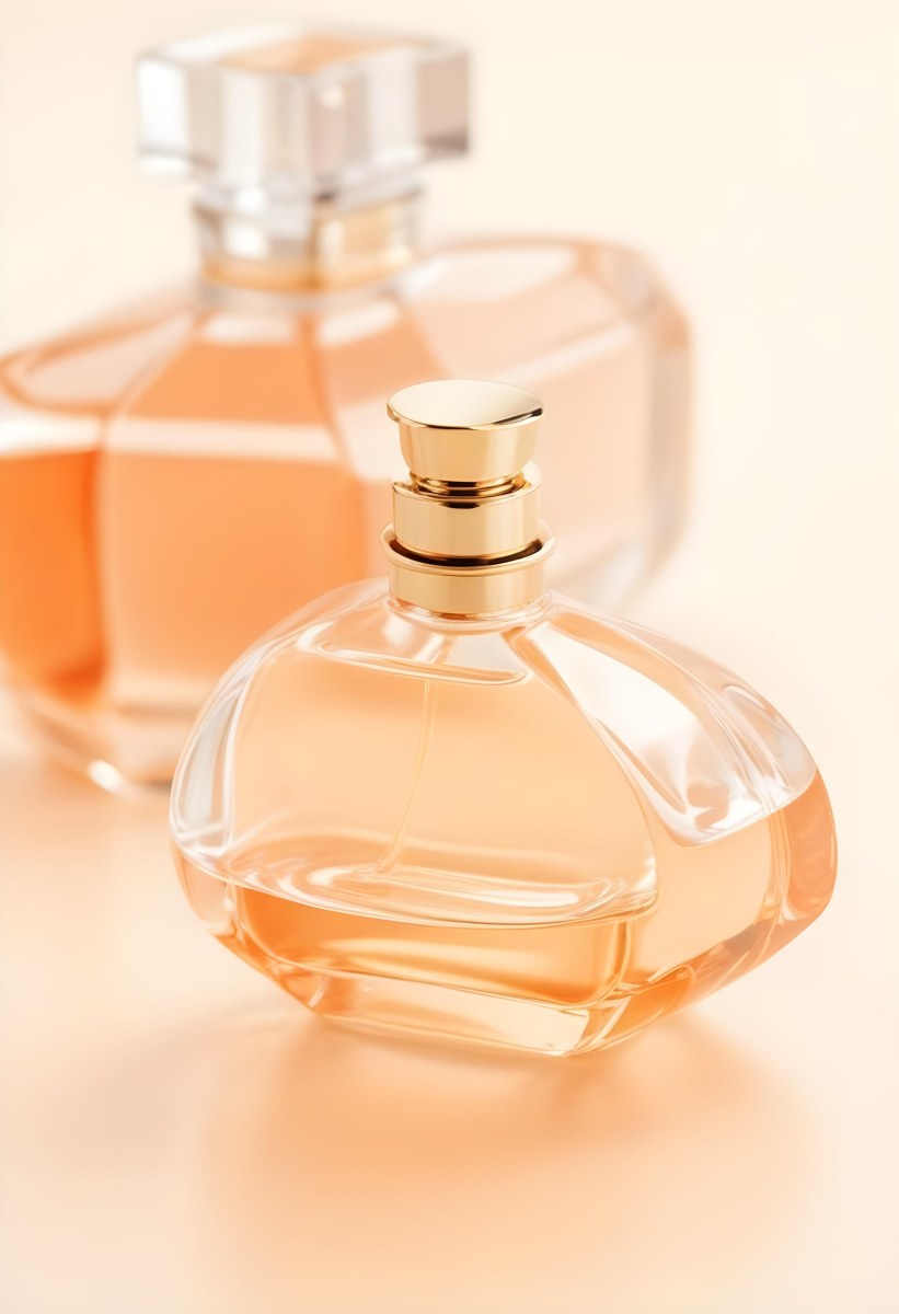 Minimal Soft Studio Light Photography A Perfume Bottle With A Golden Cap In A Soft Orange Color Palette With Another Bottle Blurred In The Background High Detail Solid Bold Color Background 24 740d