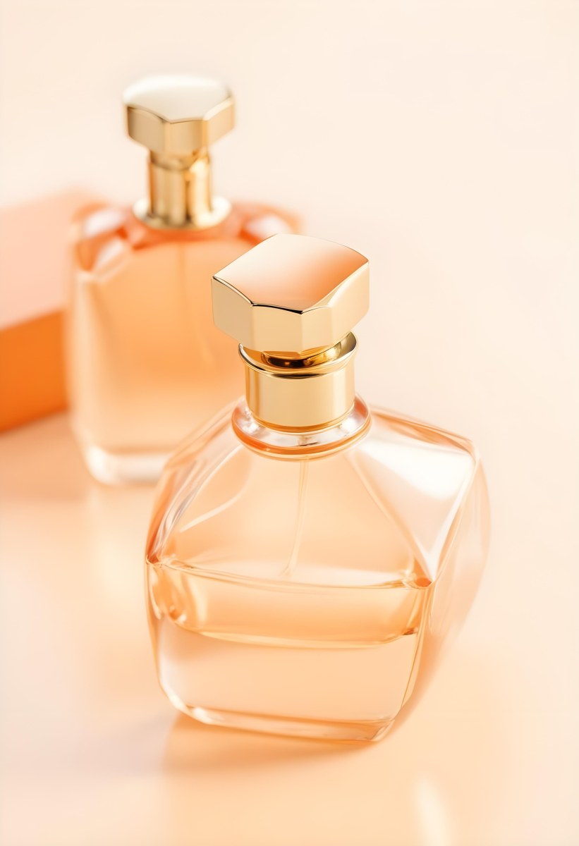 Minimal Soft Studio Light Photography A Perfume Bottle With A Golden Cap In A Soft Orange Color Palette With Another Bottle Blurred In The Background High Detail Solid Bold Color Background 27 Df30