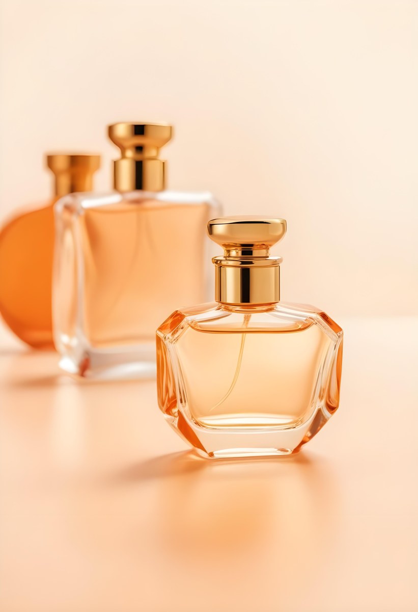 Minimal Soft Studio Light Photography A Perfume Bottle With A Golden Cap In A Soft Orange Color Palette With Another Bottle Blurred In The Background High Detail Solid Bold Color Background 30 93d3