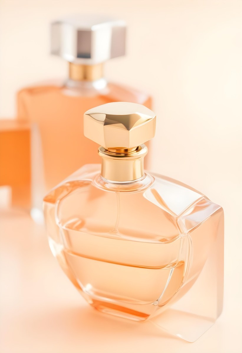 Minimal Soft Studio Light Photography A Perfume Bottle With A Golden Cap In A Soft Orange Color Palette With Another Bottle Blurred In The Background High Detail Solid Bold Color Background 34 66b1