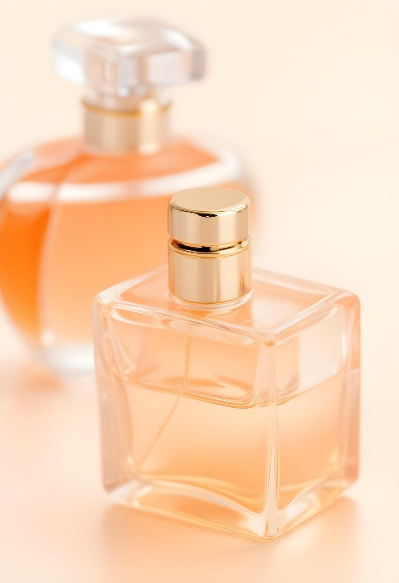Minimal Soft Studio Light Photography A Perfume Bottle With A Golden Cap In A Soft Orange Color Palette With Another Bottle Blurred In The Background High Detail Solid Bold Color Background 36 A1c5