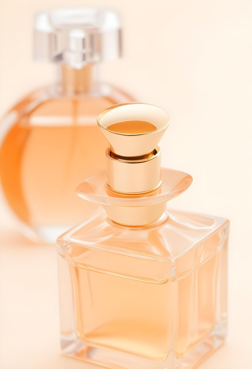 Minimal Soft Studio Light Photography A Perfume Bottle With A Golden Cap In A Soft Orange Color Palette With Another Bottle Blurred In The Background High Detail Solid Bold Color Background 37 Fd8b