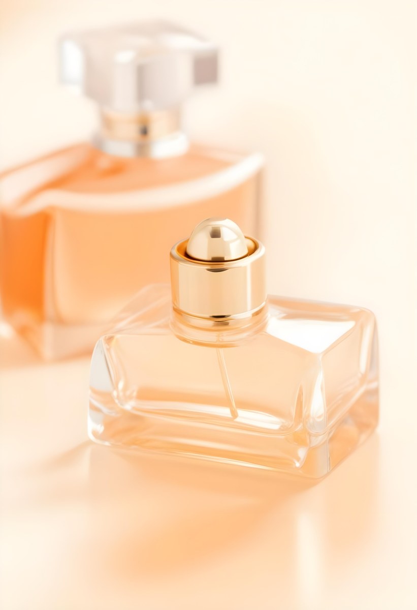 Minimal Soft Studio Light Photography A Perfume Bottle With A Golden Cap In A Soft Orange Color Palette With Another Bottle Blurred In The Background High Detail Solid Bold Color Background 39 821d