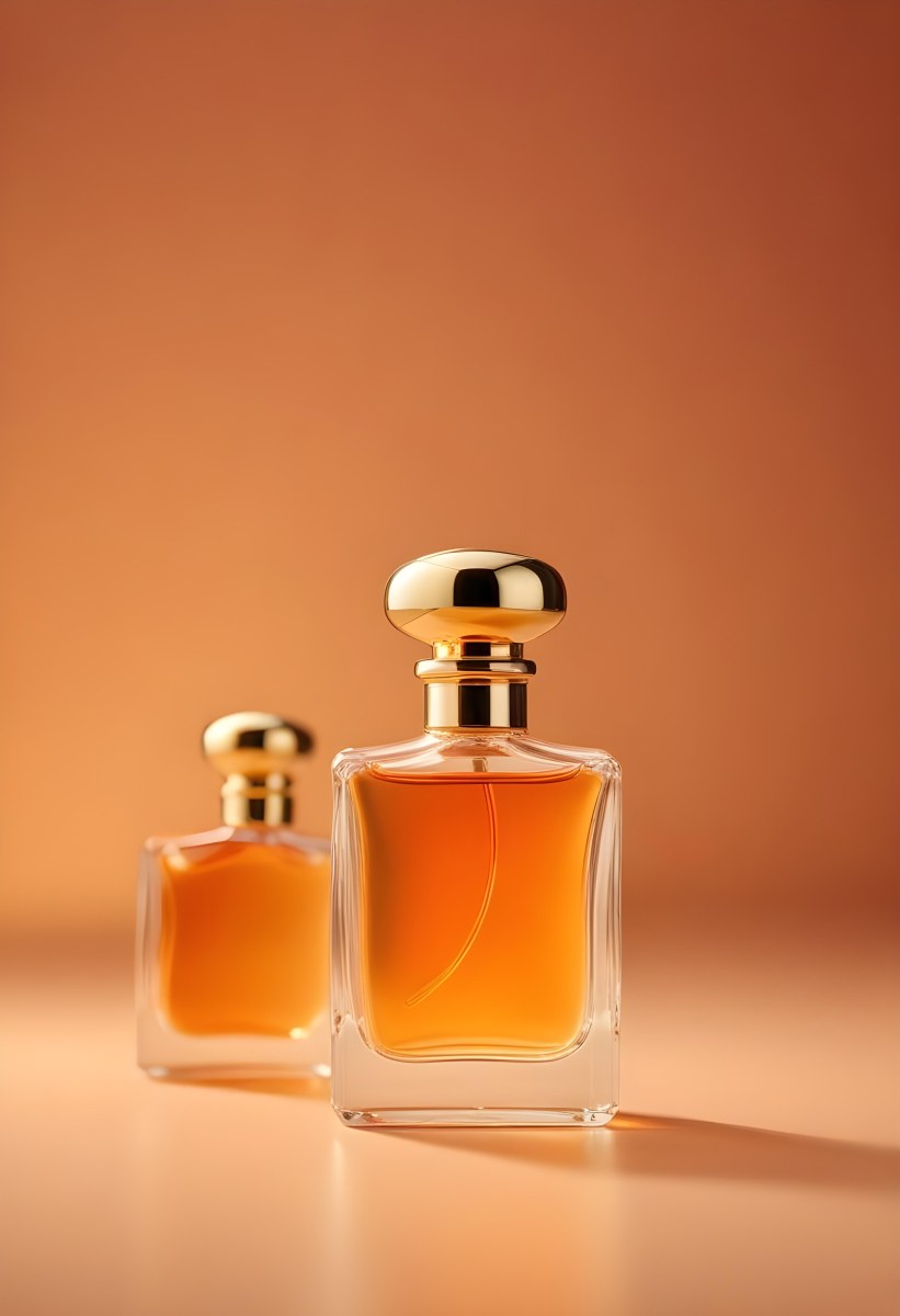 Minimal Soft Studio Light Photography A Perfume Bottle With A Golden Cap In A Soft Orange Color Palette With Another Bottle Blurred In The Background High Detail Solid Bold Color Background 4 Addc