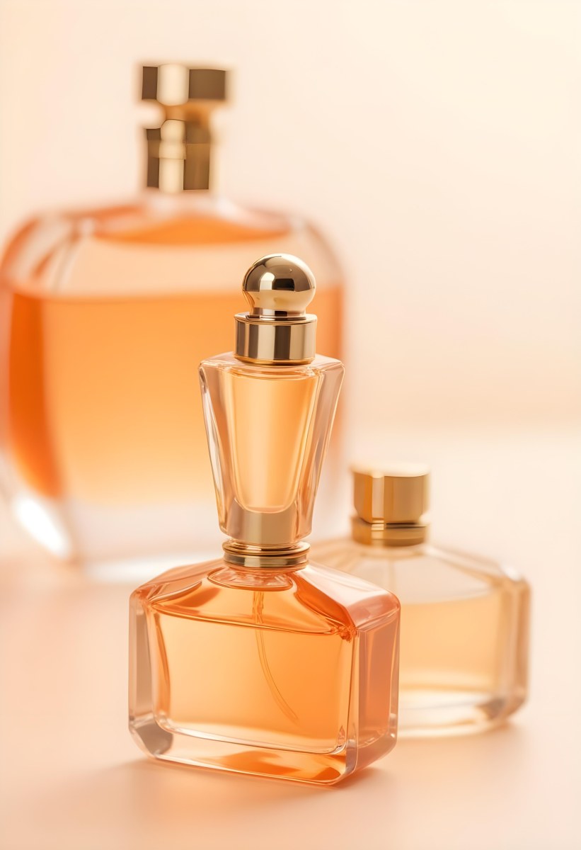 Minimal Soft Studio Light Photography A Perfume Bottle With A Golden Cap In A Soft Orange Color Palette With Another Bottle Blurred In The Background High Detail Solid Bold Color Background 41 8744