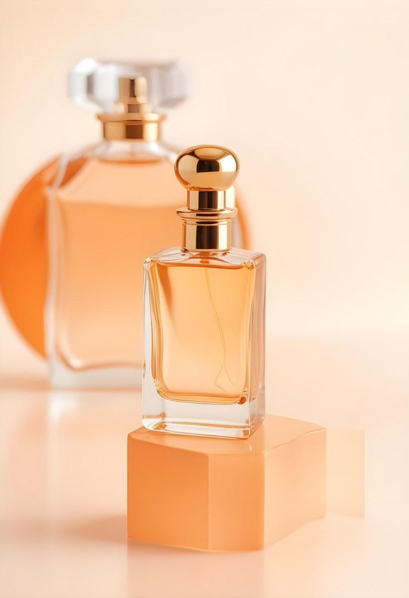 Minimal Soft Studio Light Photography A Perfume Bottle With A Golden Cap In A Soft Orange Color Palette With Another Bottle Blurred In The Background High Detail Solid Bold Color Background 42 F4ff
