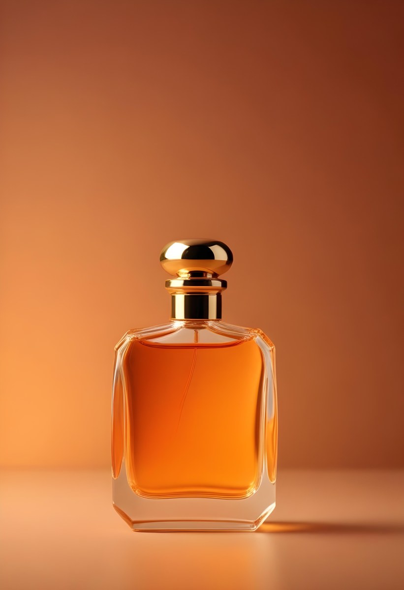 Minimal Soft Studio Light Photography A Perfume Bottle With A Golden Cap In A Soft Orange Color Palette With Another Bottle Blurred In The Background High Detail Solid Bold Color Background 43 047a