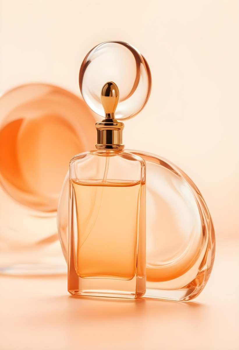 Minimal Soft Studio Light Photography A Perfume Bottle With A Golden Cap In A Soft Orange Color Palette With Another Bottle Blurred In The Background High Detail Solid Bold Color Background 5 2a68