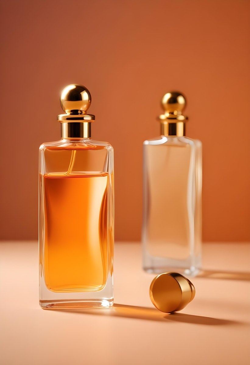 Minimal Soft Studio Light Photography A Perfume Bottle With A Golden Cap In A Soft Orange Color Palette With Another Bottle Blurred In The Background High Detail Solid Bold Color Background 6 8a15