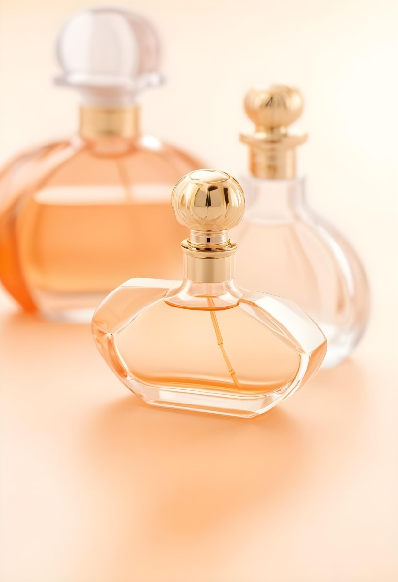 Minimal Soft Studio Light Photography A Perfume Bottle With A Golden Cap In A Soft Orange Color Palette With Another Bottle Blurred In The Background High Detail Solid Bold Color Background 8 Df31