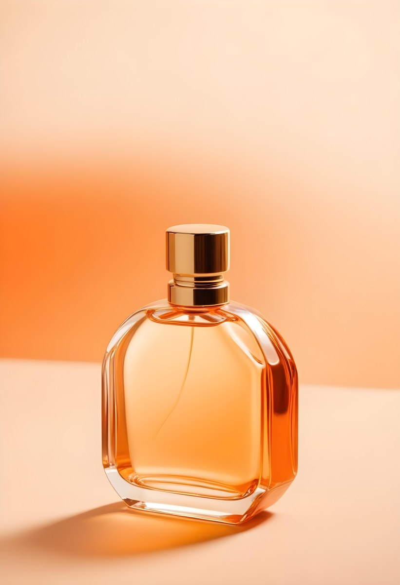 Minimal Soft Studio Light Photography A Perfume Bottle With A Golden Cap In A Soft Orange Color Palette With Another Bottle Blurred In The Background High Detail Solid Bold Color Background 9 38d5
