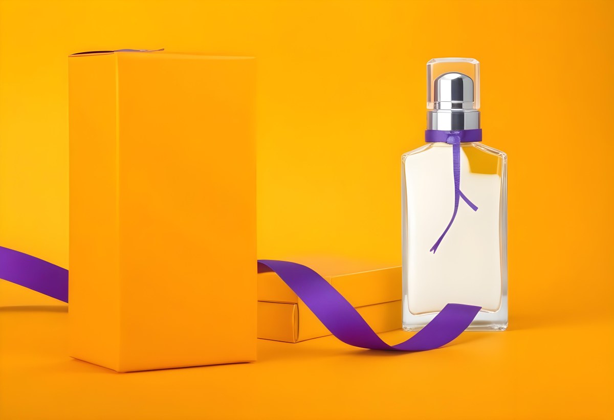 Minimal Soft Studio Light Photography A Perfume Bottle With A Silver Cap And A Yellow Box With A Purple Ribbon On A Yellow Table High Detail Solid Bold Color Background 6 55c2