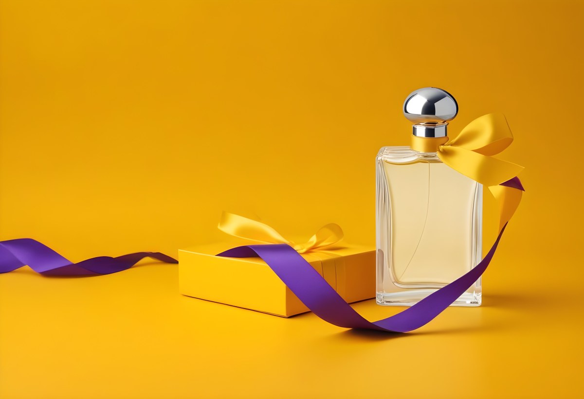 Minimal Soft Studio Light Photography A Perfume Bottle With A Silver Cap And A Yellow Box With A Purple Ribbon On A Yellow Table High Detail Solid Bold Color Background 7 5d77