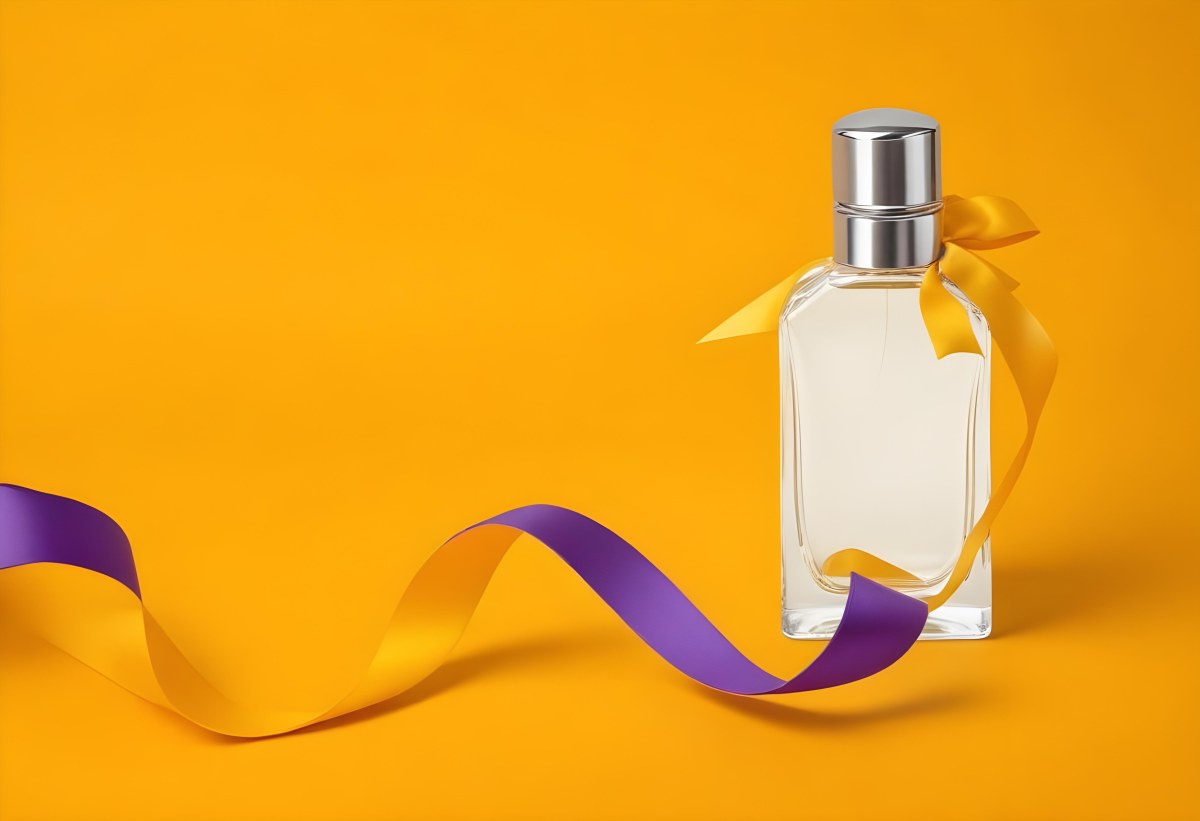 Minimal Soft Studio Light Photography A Perfume Bottle With A Silver Cap And A Yellow Box With A Purple Ribbon On A Yellow Table High Detail Solid Bold Color Background 8 501d