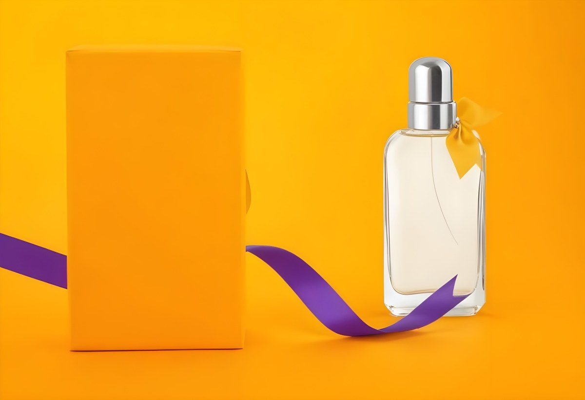 Minimal Soft Studio Light Photography A Perfume Bottle With A Silver Cap And A Yellow Box With A Purple Ribbon On A Yellow Table High Detail Solid Bold Color Background 9 522d