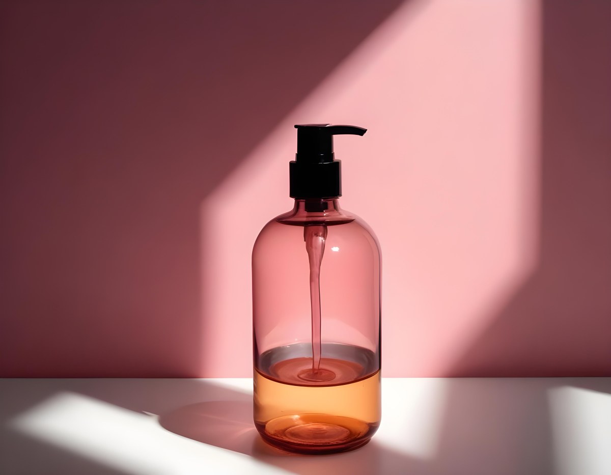Minimal Soft Studio Light Photography A Pink Glass Bottle With White Dispenser On A Black Surface White Wall With Shadows In The Background High Detail Solid Bold Color Background 14 5124