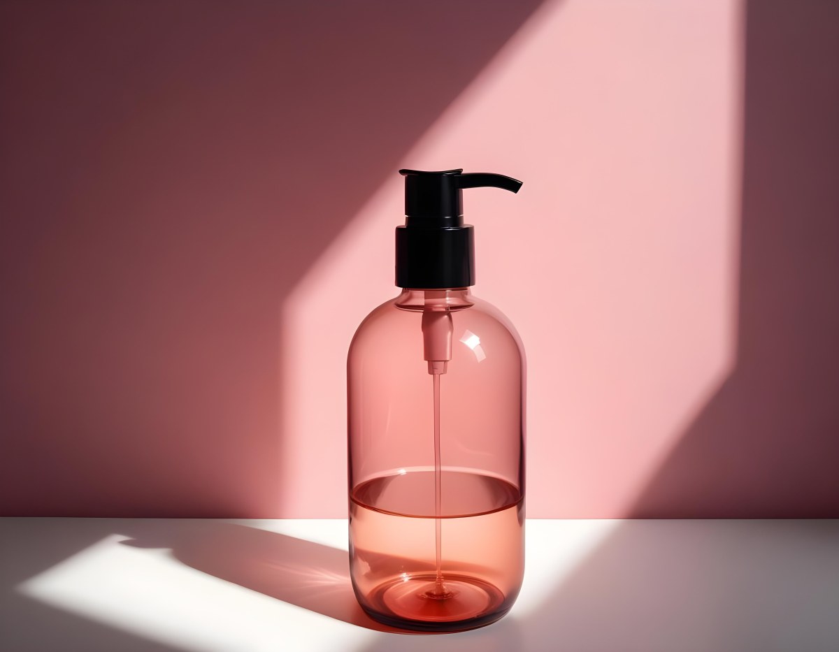 Minimal Soft Studio Light Photography A Pink Glass Bottle With White Dispenser On A Black Surface White Wall With Shadows In The Background High Detail Solid Bold Color Background 16 04b4