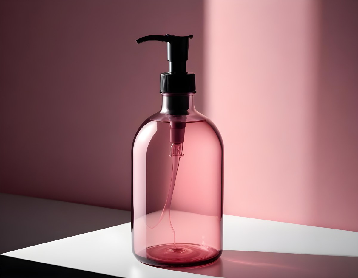 Minimal Soft Studio Light Photography A Pink Glass Bottle With White Dispenser On A Black Surface White Wall With Shadows In The Background High Detail Solid Bold Color Background 17 1e40