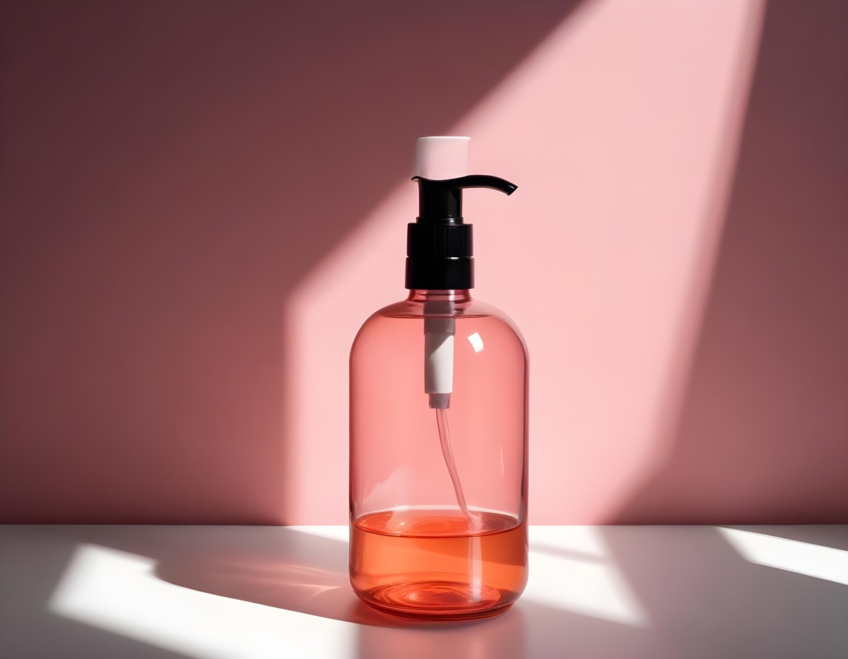Minimal Soft Studio Light Photography A Pink Glass Bottle With White Dispenser On A Black Surface White Wall With Shadows In The Background High Detail Solid Bold Color Background 18 Bdc0