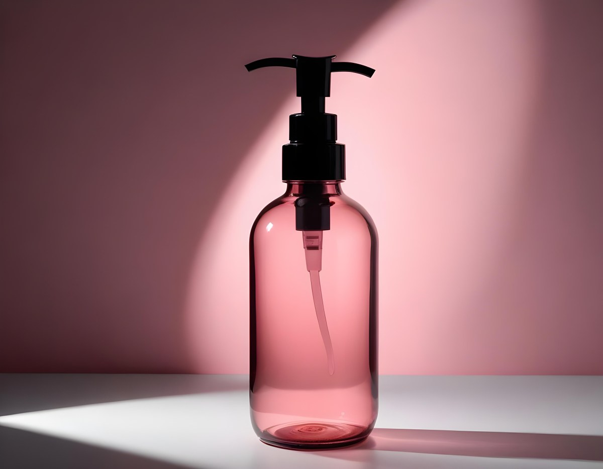 Minimal Soft Studio Light Photography A Pink Glass Bottle With White Dispenser On A Black Surface White Wall With Shadows In The Background High Detail Solid Bold Color Background 19 73b6