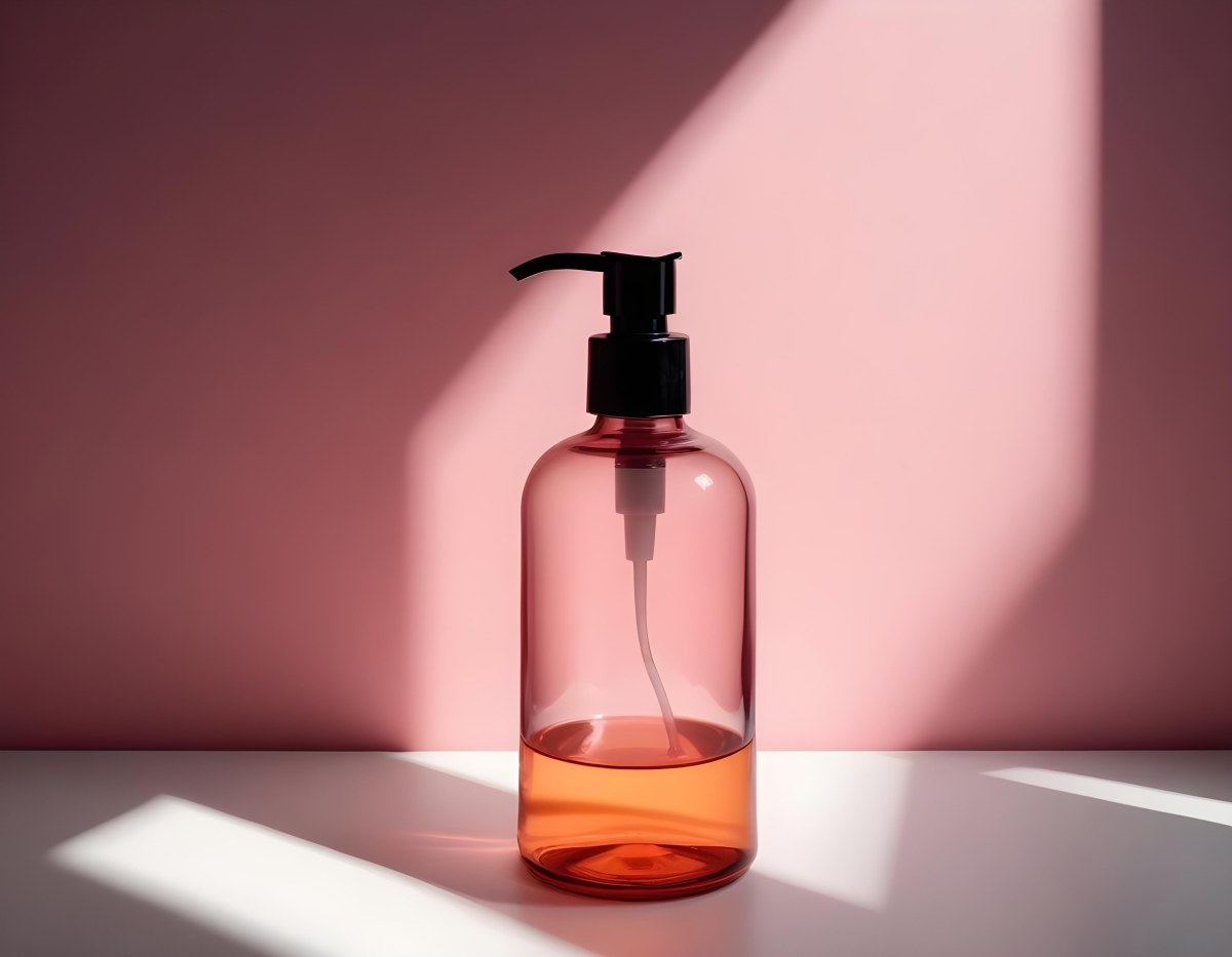Minimal Soft Studio Light Photography A Pink Glass Bottle With White Dispenser On A Black Surface White Wall With Shadows In The Background High Detail Solid Bold Color Background 2 79d2
