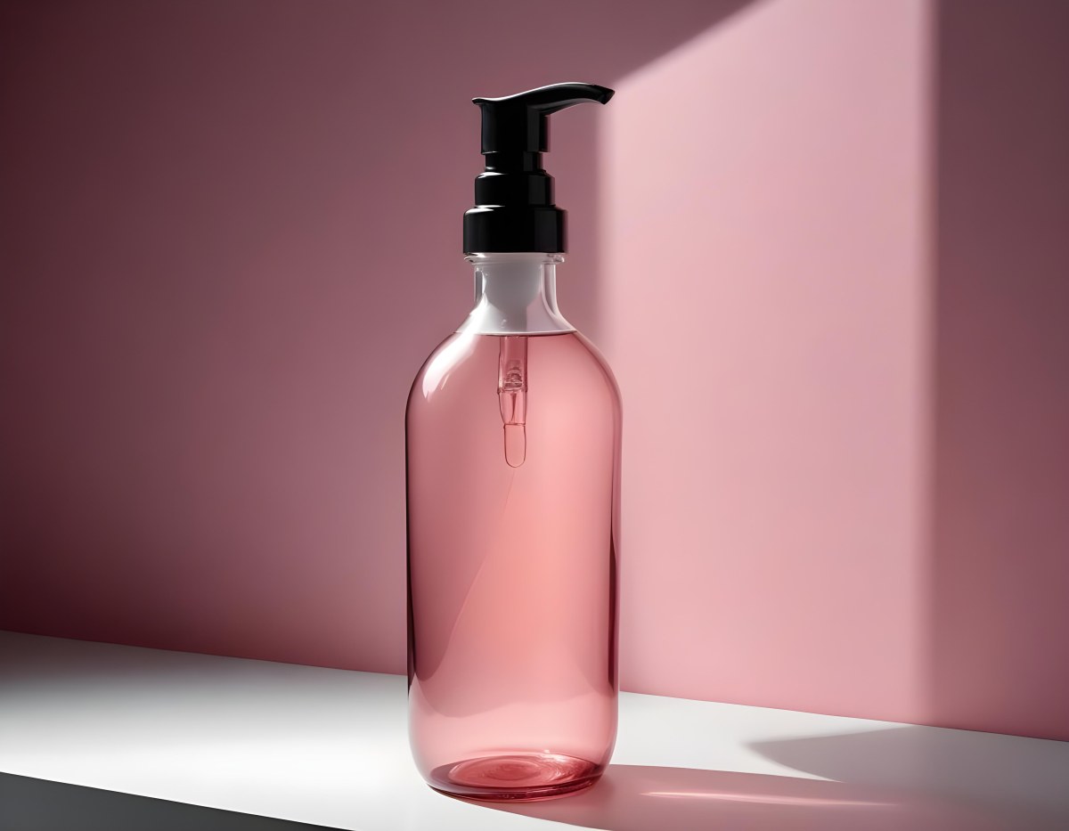 Minimal Soft Studio Light Photography A Pink Glass Bottle With White Dispenser On A Black Surface White Wall With Shadows In The Background High Detail Solid Bold Color Background 20 Cb51