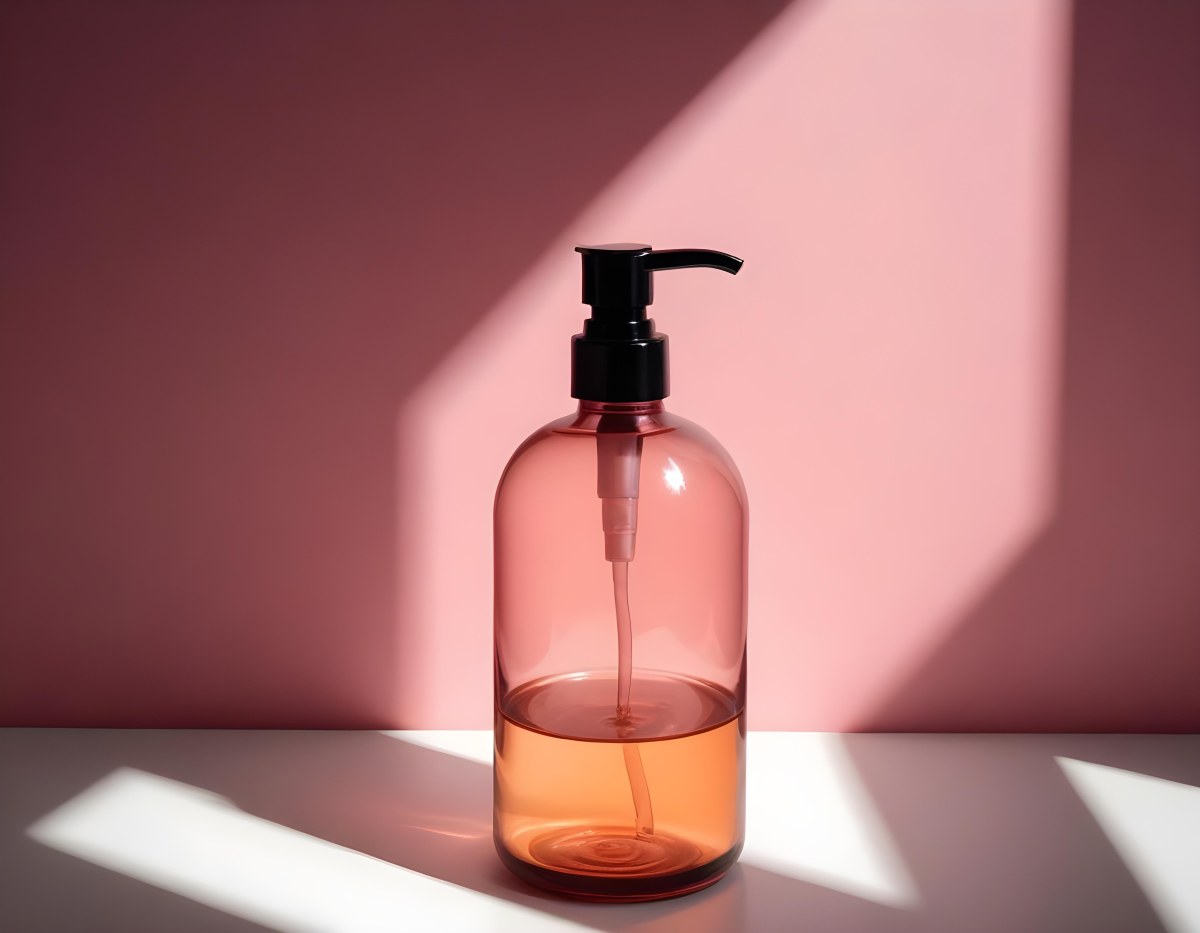 Minimal Soft Studio Light Photography A Pink Glass Bottle With White Dispenser On A Black Surface White Wall With Shadows In The Background High Detail Solid Bold Color Background 6 490f