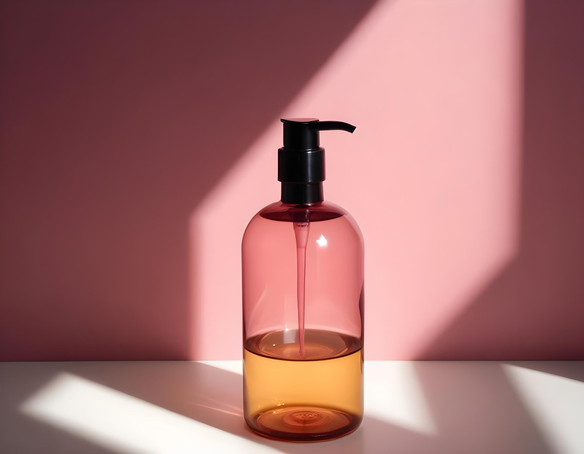 Minimal Soft Studio Light Photography A Pink Glass Bottle With White Dispenser On A Black Surface White Wall With Shadows In The Background High Detail Solid Bold Color Background 7 4f0b
