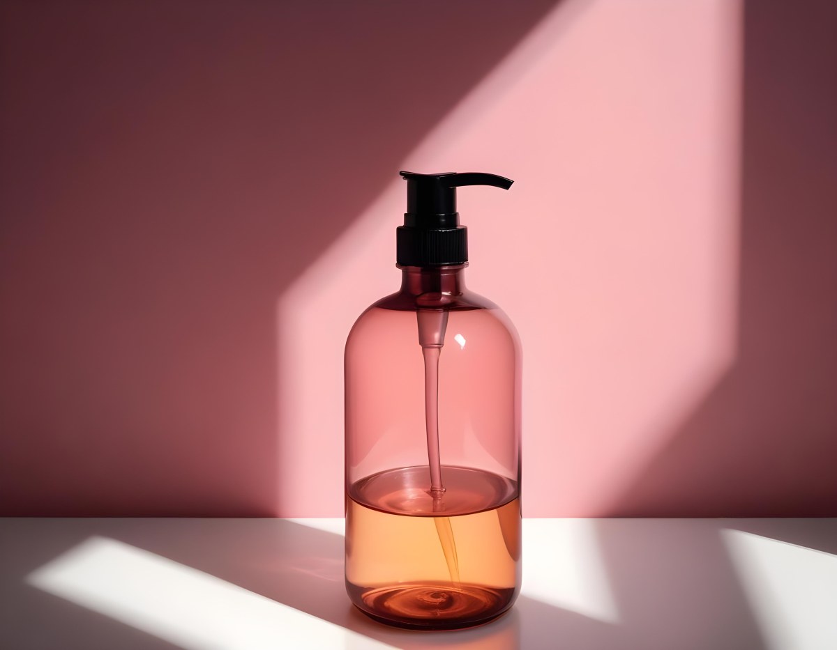 Minimal Soft Studio Light Photography A Pink Glass Bottle With White Dispenser On A Black Surface White Wall With Shadows In The Background High Detail Solid Bold Color Background 8 A96d