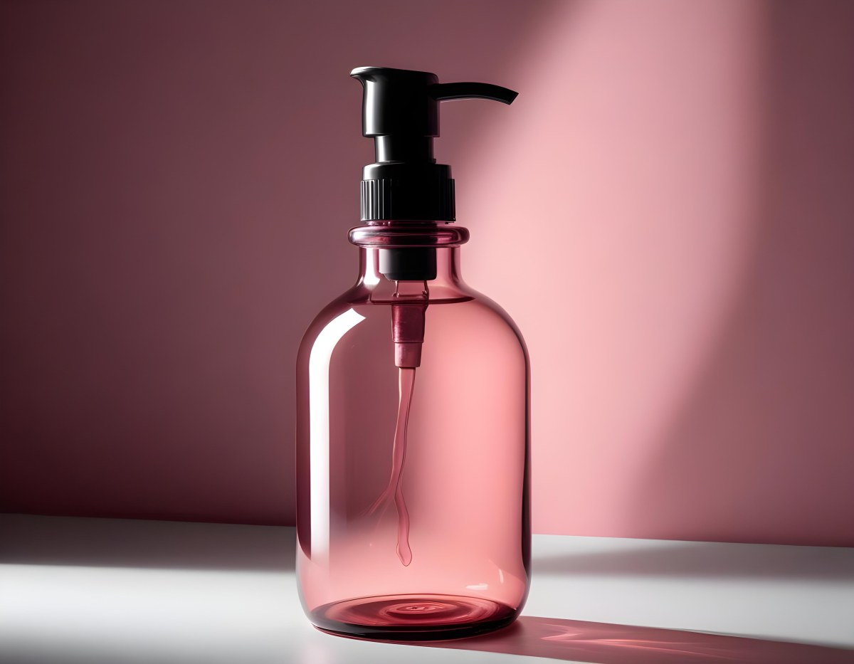 Minimal Soft Studio Light Photography A Pink Glass Bottle With White Dispenser On A Black Surface White Wall With Shadows In The Background High Detail Solid Bold Color Background 9 2c5b