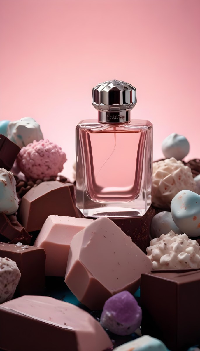 Minimal Soft Studio Light Photography A Pink Glass Perfume Bottle With A Silver Cap Surrounded By Dark Chocolate Pieces And Crystals On A Pink Background A Blue Ceramic Perfume Bottle With A Gold Cap Surrounde 1 68a7