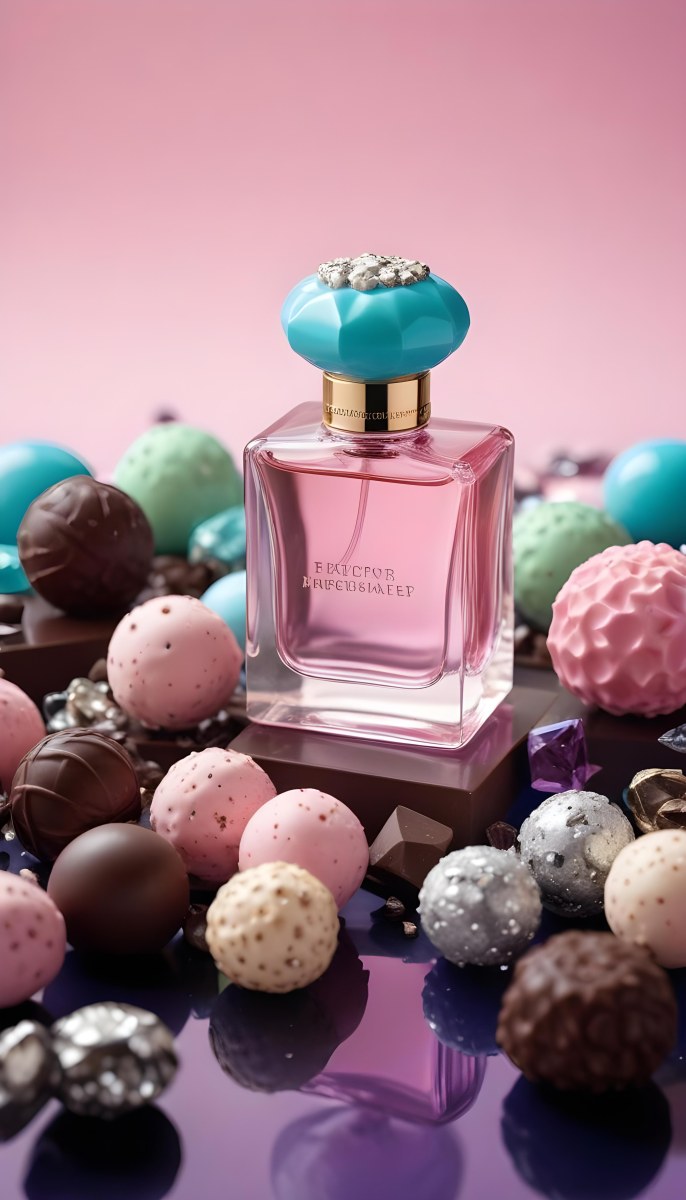 Minimal Soft Studio Light Photography A Pink Glass Perfume Bottle With A Silver Cap Surrounded By Dark Chocolate Pieces And Crystals On A Pink Background A Blue Ceramic Perfume Bottle With A Gold Cap Surrounde 13 70f6