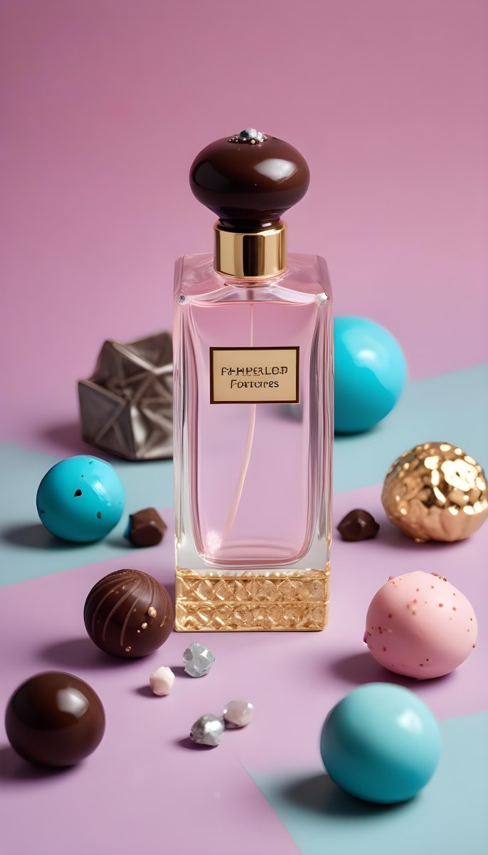 Minimal Soft Studio Light Photography A Pink Glass Perfume Bottle With A Silver Cap Surrounded By Dark Chocolate Pieces And Crystals On A Pink Background A Blue Ceramic Perfume Bottle With A Gold Cap Surrounde 15 Cf55