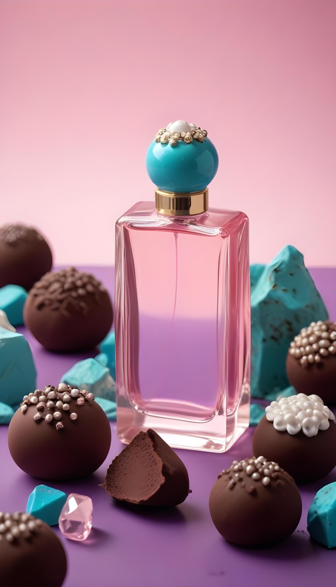 Minimal Soft Studio Light Photography A Pink Glass Perfume Bottle With A Silver Cap Surrounded By Dark Chocolate Pieces And Crystals On A Pink Background A Blue Ceramic Perfume Bottle With A Gold Cap Surrounde 18 F358