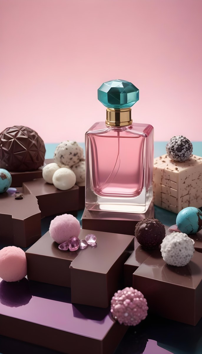Minimal Soft Studio Light Photography A Pink Glass Perfume Bottle With A Silver Cap Surrounded By Dark Chocolate Pieces And Crystals On A Pink Background A Blue Ceramic Perfume Bottle With A Gold Cap Surrounde 22 00cc