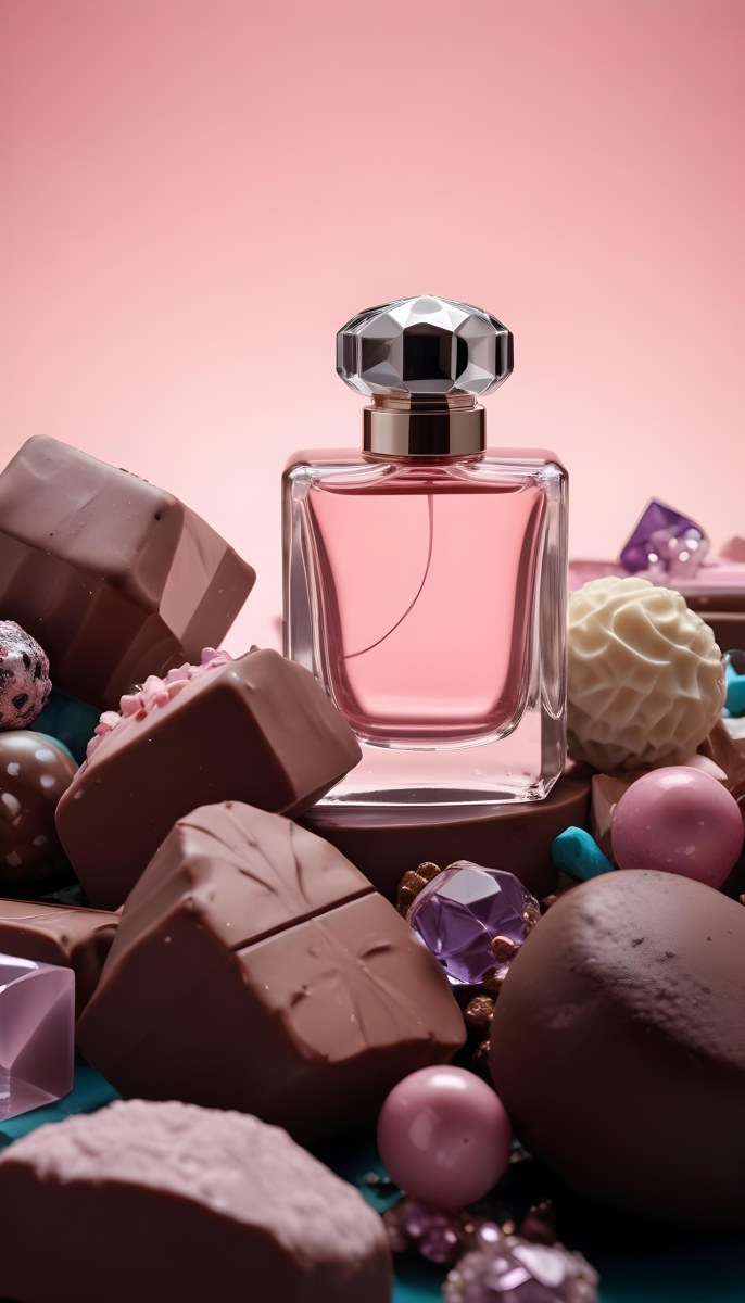 Minimal Soft Studio Light Photography A Pink Glass Perfume Bottle With A Silver Cap Surrounded By Dark Chocolate Pieces And Crystals On A Pink Background A Blue Ceramic Perfume Bottle With A Gold Cap Surrounde 30 16e0