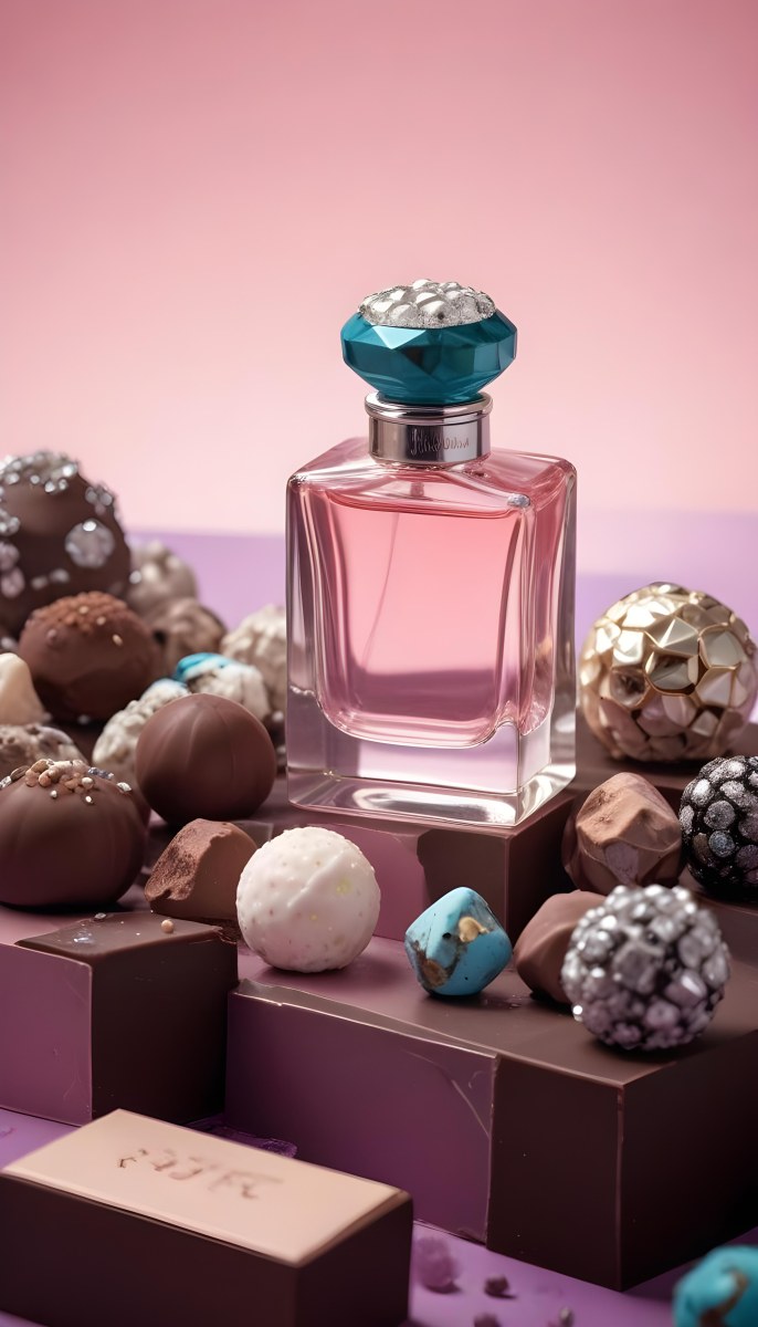 Minimal Soft Studio Light Photography A Pink Glass Perfume Bottle With A Silver Cap Surrounded By Dark Chocolate Pieces And Crystals On A Pink Background A Blue Ceramic Perfume Bottle With A Gold Cap Surrounde 35 7b0f
