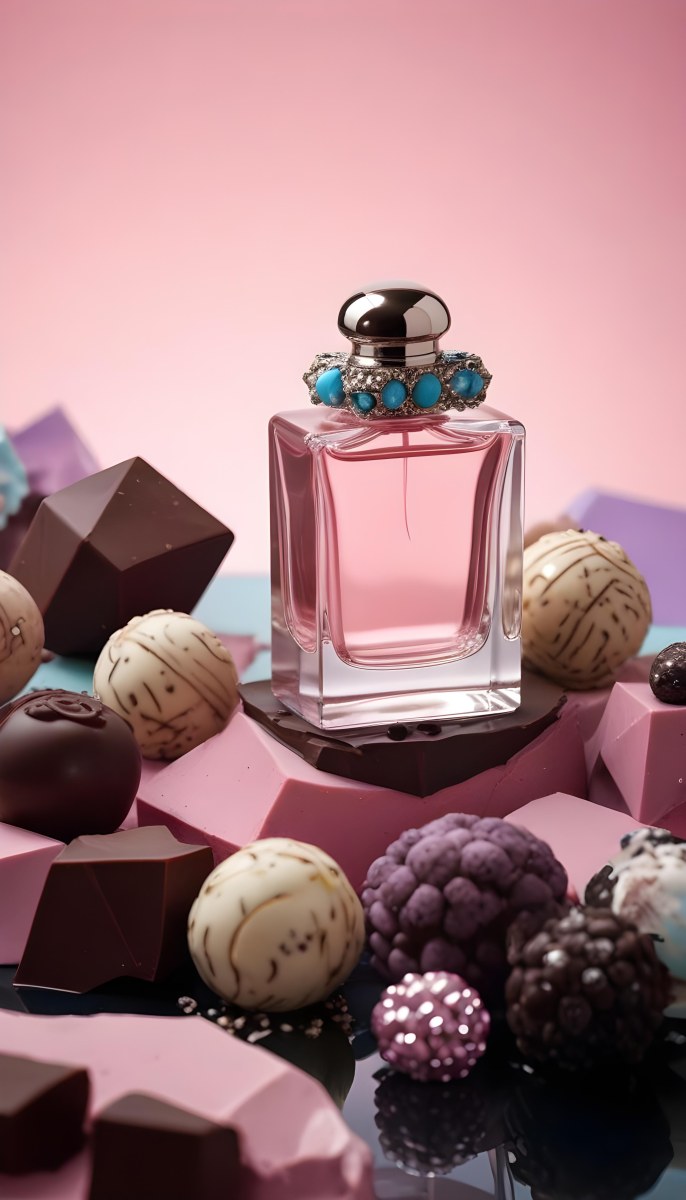 Minimal Soft Studio Light Photography A Pink Glass Perfume Bottle With A Silver Cap Surrounded By Dark Chocolate Pieces And Crystals On A Pink Background A Blue Ceramic Perfume Bottle With A Gold Cap Surrounde 37 54c9