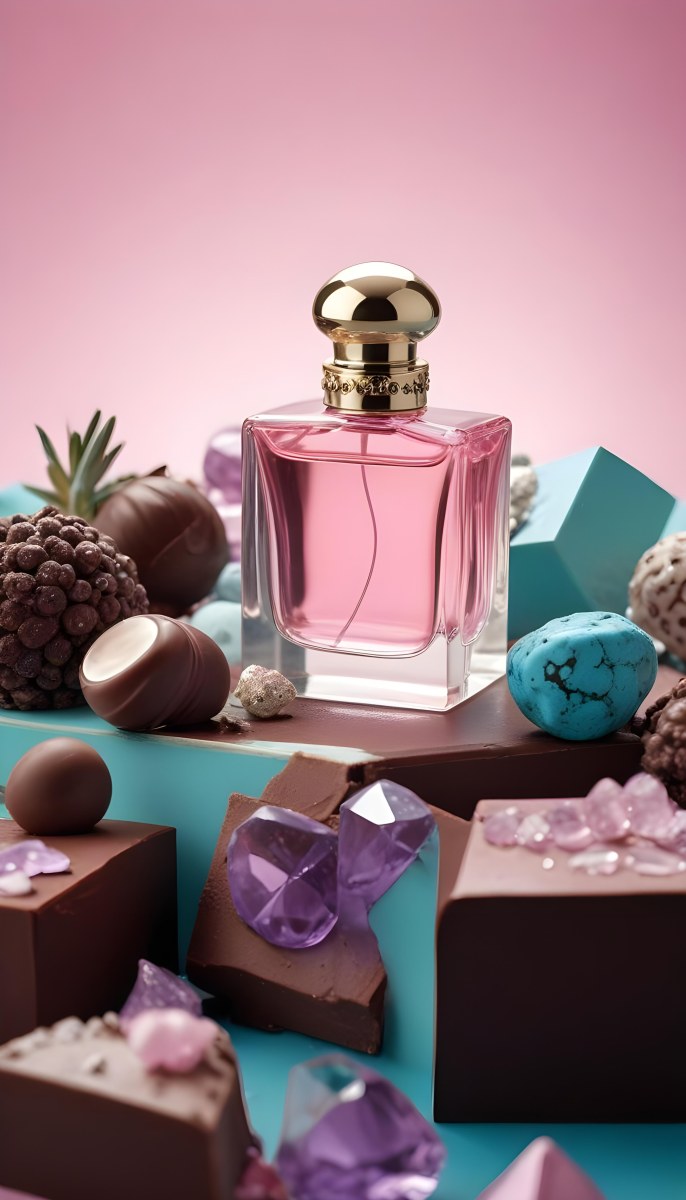 Minimal Soft Studio Light Photography A Pink Glass Perfume Bottle With A Silver Cap Surrounded By Dark Chocolate Pieces And Crystals On A Pink Background A Blue Ceramic Perfume Bottle With A Gold Cap Surrounde 38 Fb8d