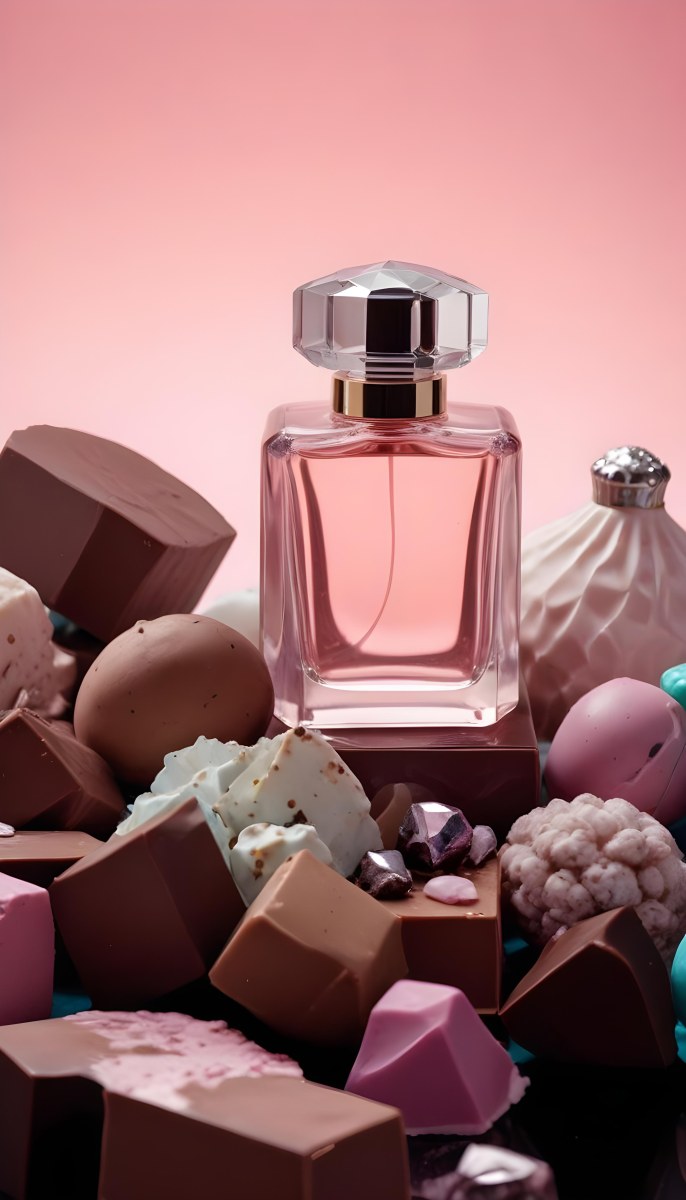 Minimal Soft Studio Light Photography A Pink Glass Perfume Bottle With A Silver Cap Surrounded By Dark Chocolate Pieces And Crystals On A Pink Background A Blue Ceramic Perfume Bottle With A Gold Cap Surrounde 39 18ca