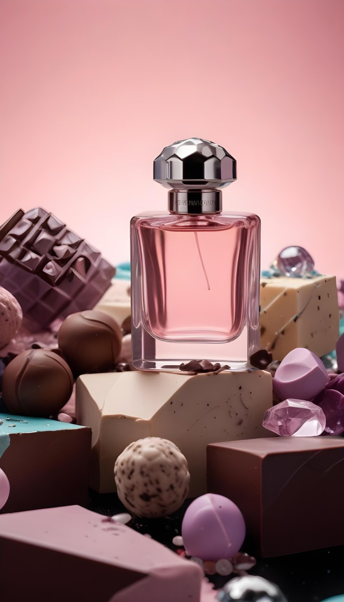 Minimal Soft Studio Light Photography A Pink Glass Perfume Bottle With A Silver Cap Surrounded By Dark Chocolate Pieces And Crystals On A Pink Background A Blue Ceramic Perfume Bottle With A Gold Cap Surrounde 40 5c64