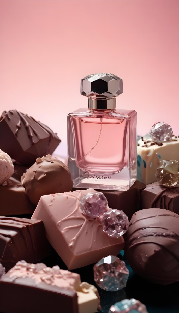 Minimal Soft Studio Light Photography A Pink Glass Perfume Bottle With A Silver Cap Surrounded By Dark Chocolate Pieces And Crystals On A Pink Background A Blue Ceramic Perfume Bottle With A Gold Cap Surrounde 42 B091