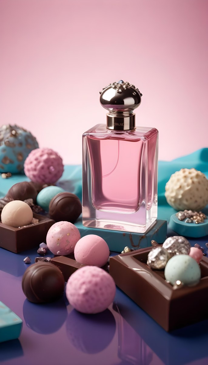 Minimal Soft Studio Light Photography A Pink Glass Perfume Bottle With A Silver Cap Surrounded By Dark Chocolate Pieces And Crystals On A Pink Background A Blue Ceramic Perfume Bottle With A Gold Cap Surrounde 43 0f9b