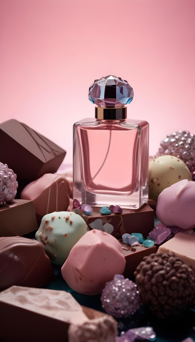 Minimal Soft Studio Light Photography A Pink Glass Perfume Bottle With A Silver Cap Surrounded By Dark Chocolate Pieces And Crystals On A Pink Background A Blue Ceramic Perfume Bottle With A Gold Cap Surrounde 44 8484
