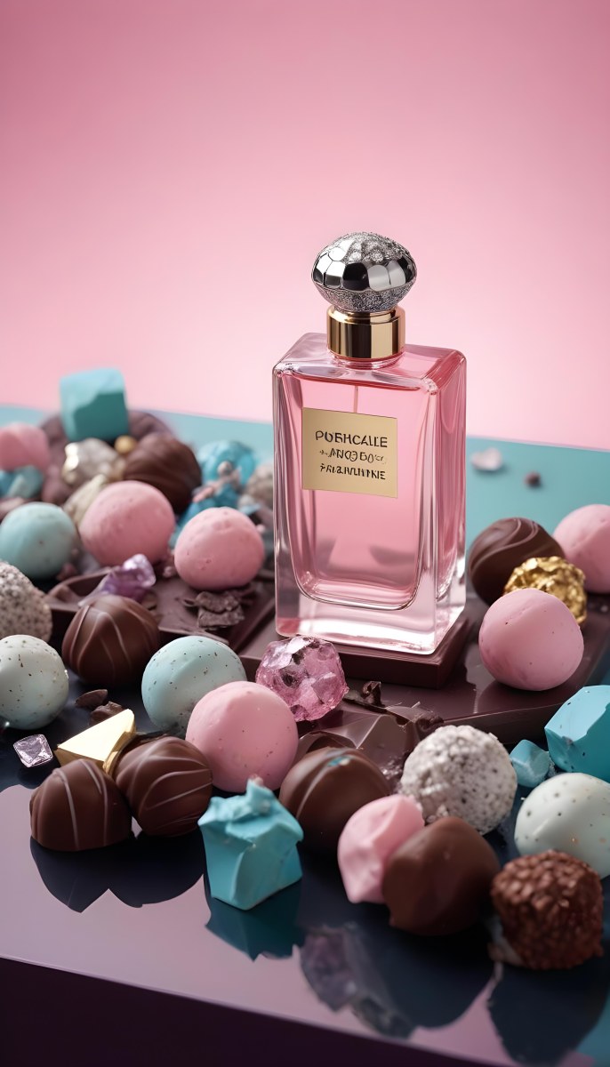 Minimal Soft Studio Light Photography A Pink Glass Perfume Bottle With A Silver Cap Surrounded By Dark Chocolate Pieces And Crystals On A Pink Background A Blue Ceramic Perfume Bottle With A Gold Cap Surrounde 5 7fcc