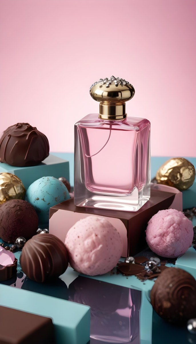Minimal Soft Studio Light Photography A Pink Glass Perfume Bottle With A Silver Cap Surrounded By Dark Chocolate Pieces And Crystals On A Pink Background A Blue Ceramic Perfume Bottle With A Gold Cap Surrounde 7 335d