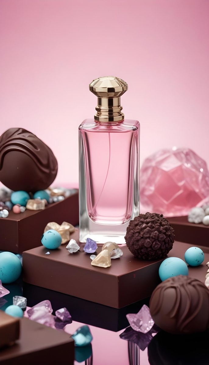 Minimal Soft Studio Light Photography A Pink Glass Perfume Bottle With A Silver Cap Surrounded By Dark Chocolate Pieces And Crystals On A Pink Background A Blue Ceramic Perfume Bottle With A Gold Cap Surrounde 8 1eba