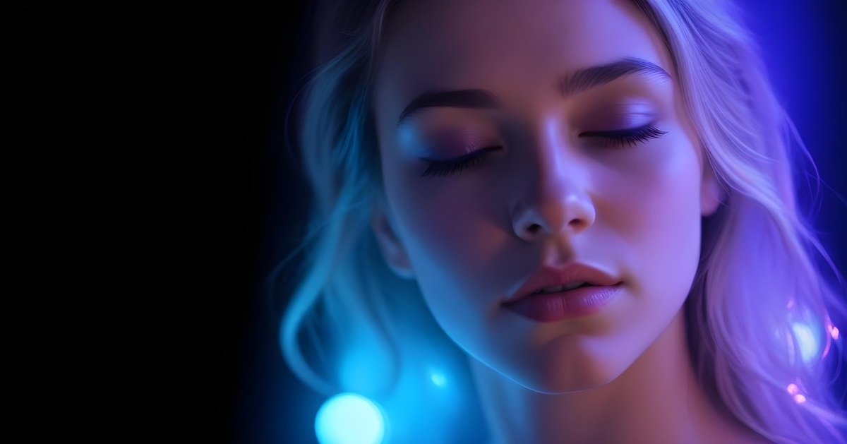 Minimal Soft Studio Light Photography A White Woman 23 Years Old With Dark Skin And Her Eyes Closed In A Dark Background With Blue And Purple Lights High Detail Solid Bold Color Background 11 D90f